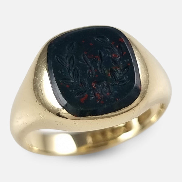 the bloodstone signet ring viewed from above at a slight angle