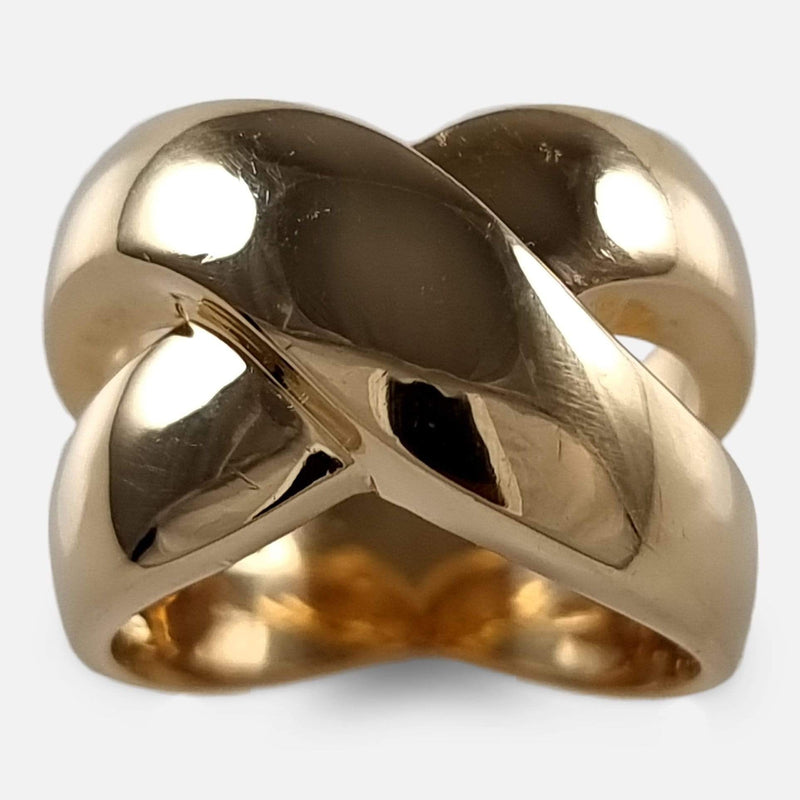 The 18ct yellow gold crossover ring viewed from above