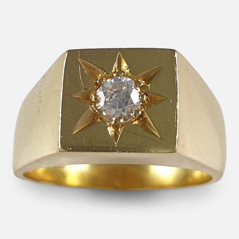 the 1970s 18ct yellow gold diamond signet ring viewed from the front