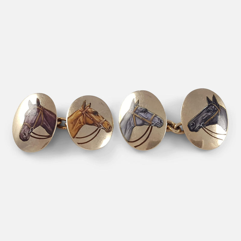 9ct Gold and Enamel Equestrian Horse Oval Cufflinks - Argentum Antiques & Collectables