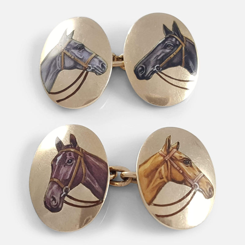 9ct Gold and Enamel Equestrian Horse Oval Cufflinks - Argentum Antiques & Collectables