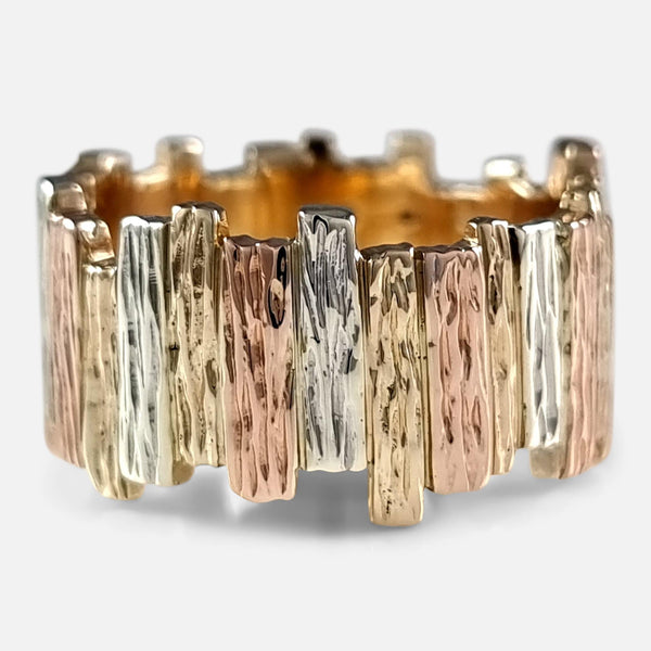 the 9ct yellow, rose, and white gold bark effect ring