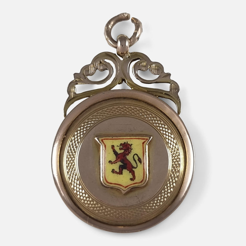 the George V 9ct gold and enamel Lion rampant fob viewed from the front