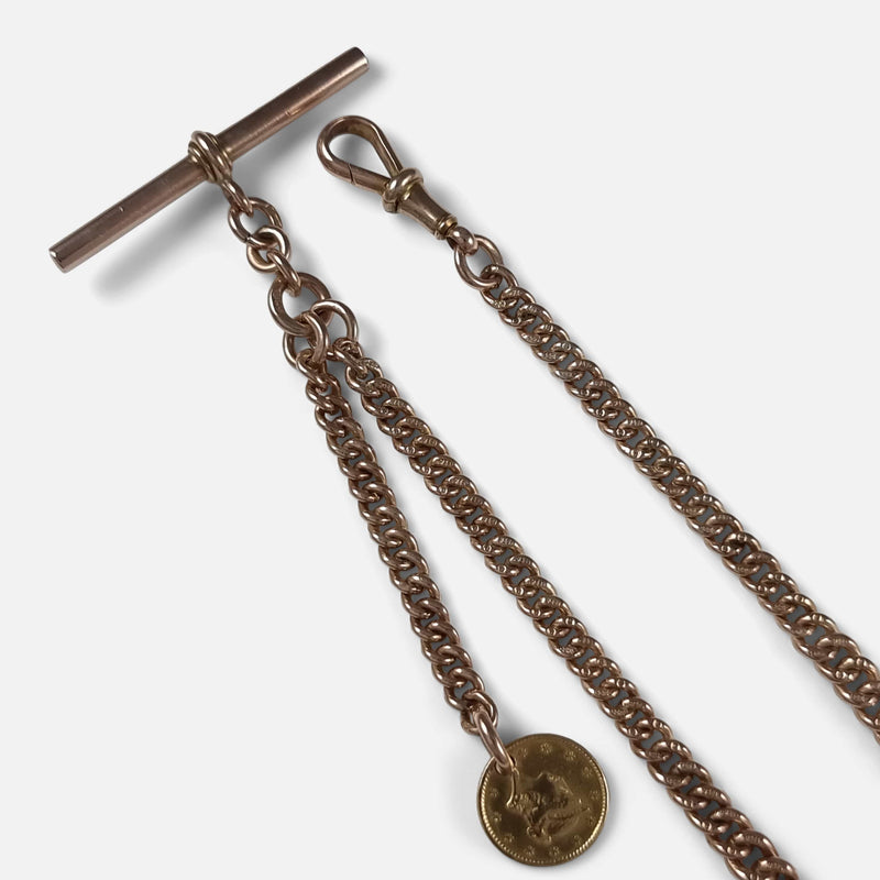 a section of the chain in focus to include T-bar, dog clip, and 1851 dollar coin