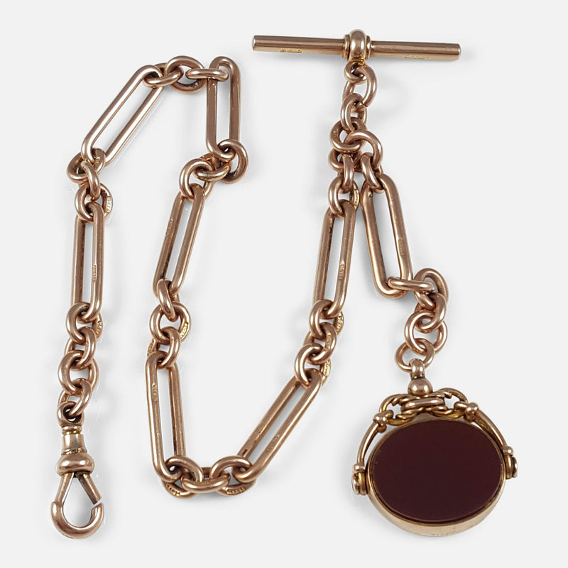 9ct Rose Gold Albert Watch Chain and Carnelian Fob viewed from above
