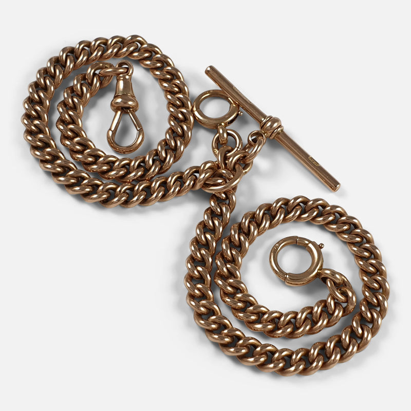 9ct Rose Gold Albert Watch Chain, Birmingham 1924, 47.5 Grams viewed from above