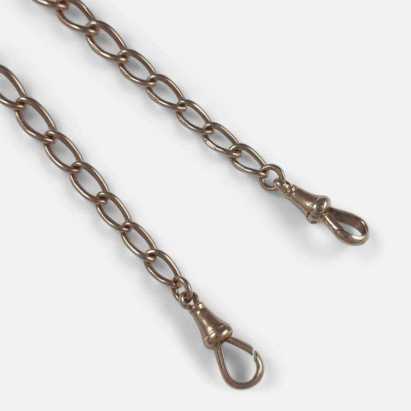 focused on a section of the chain links to include the pair of dog clips