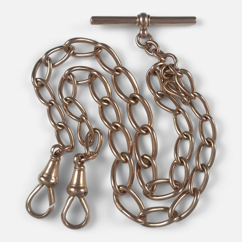 the antique 9ct rose gold double Albert watch chain viewed from above