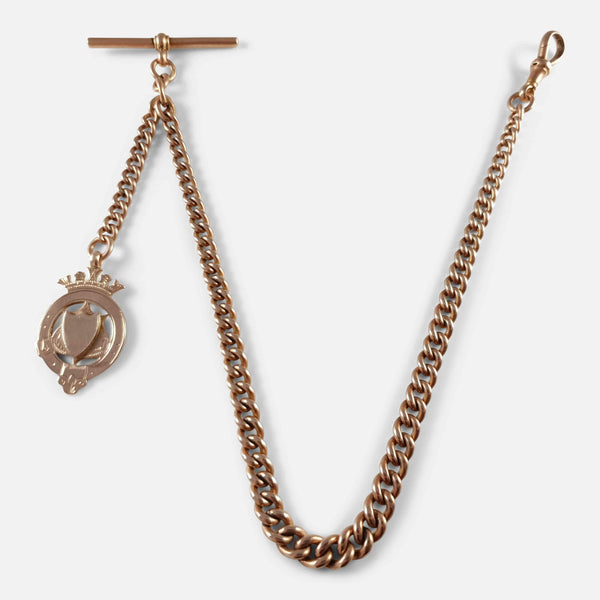 the gold albert watch chain and medal in view