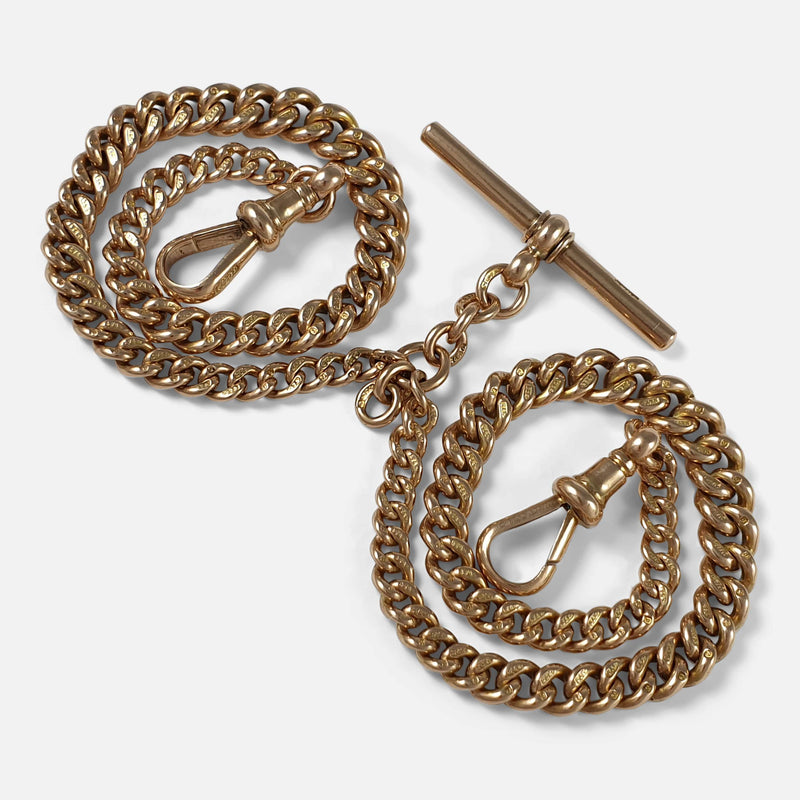 9ct Yellow Gold Graduating Double Albert Watch Chain, 1915, 39.9 grams viewed from above