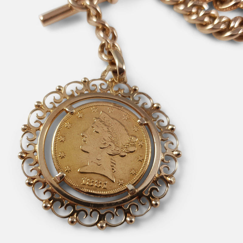 a view of the 1881 $5 Gold Coin in its mount