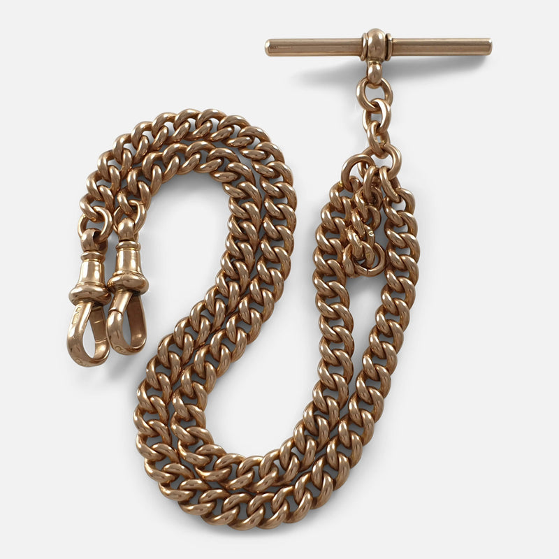 the 9ct yellow gold albert watch chain viewed from above