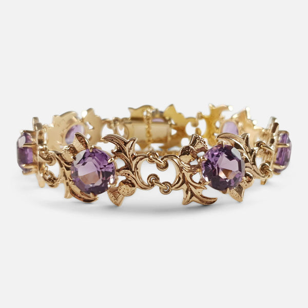 9ct Yellow Gold & Faceted Amethyst Thistle Shaped Link Bracelet - Argentum Antiques & Collectables