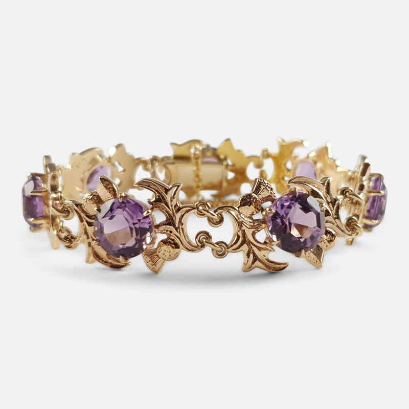9ct Yellow Gold & Faceted Amethyst Thistle Shaped Link Bracelet - Argentum Antiques & Collectables