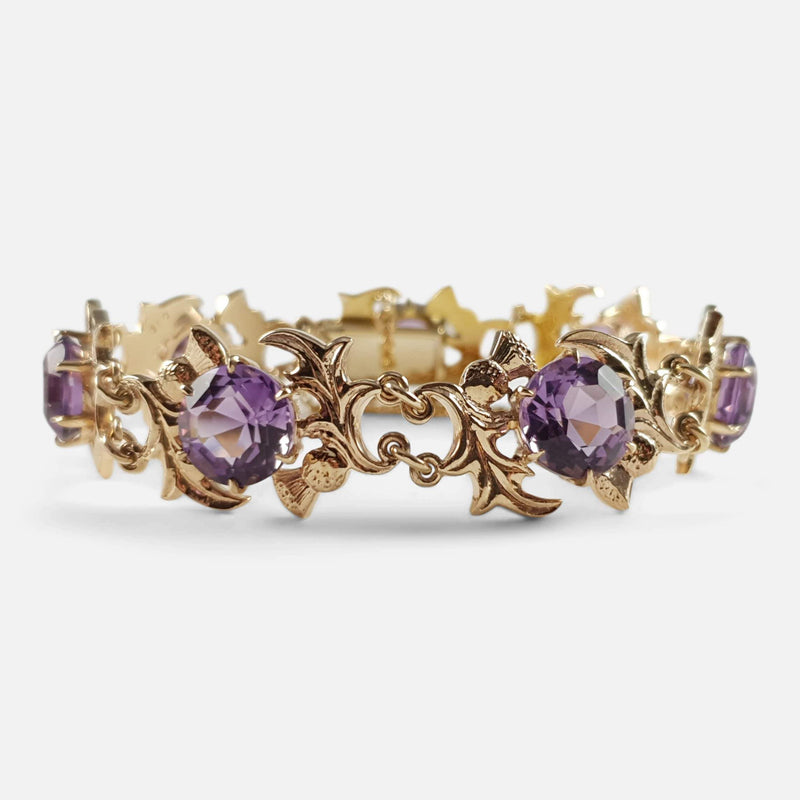 9ct Yellow Gold & Faceted Amethyst Thistle Shaped Link Bracelet - Argentum Antiques & Collectables