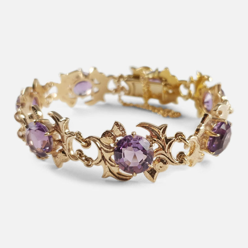 9ct Yellow Gold & Faceted Amethyst Thistle Shaped Link Bracelet - Argentum Antiques & Collectables