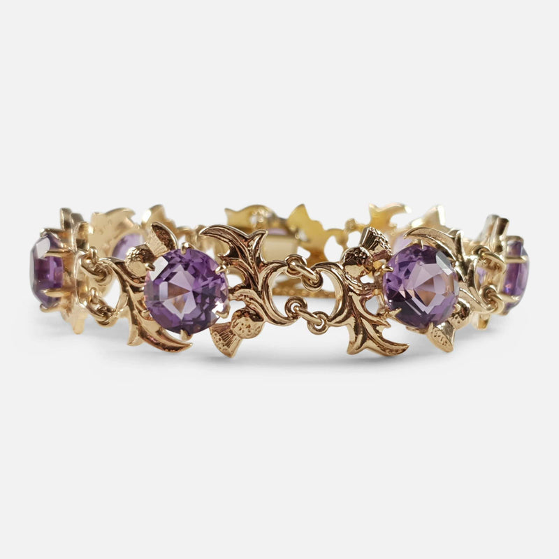 9ct Yellow Gold & Faceted Amethyst Thistle Shaped Link Bracelet - Argentum Antiques & Collectables