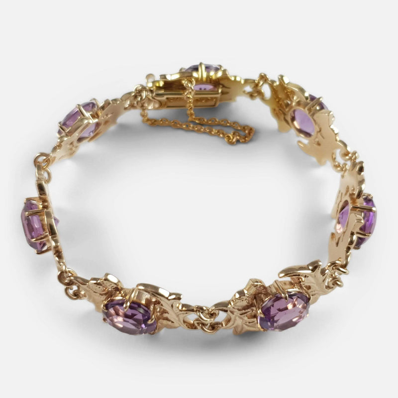 9ct Yellow Gold & Faceted Amethyst Thistle Shaped Link Bracelet - Argentum Antiques & Collectables