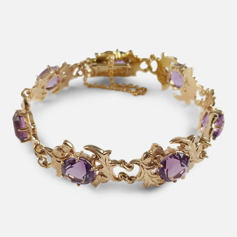 9ct Yellow Gold & Faceted Amethyst Thistle Shaped Link Bracelet - Argentum Antiques & Collectables