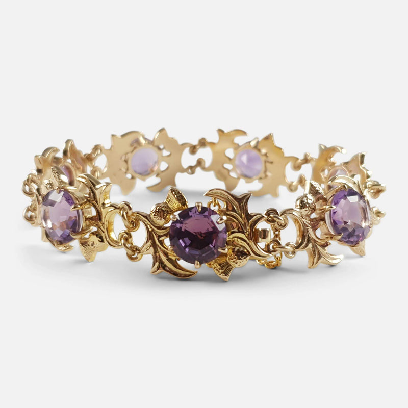 9ct Yellow Gold & Faceted Amethyst Thistle Shaped Link Bracelet - Argentum Antiques & Collectables