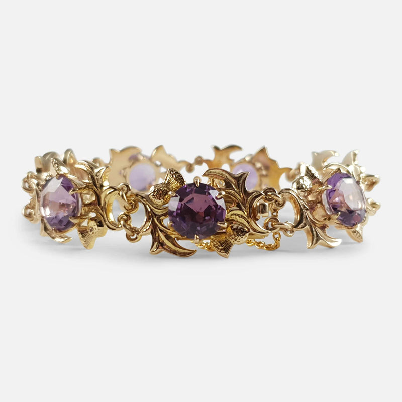 9ct Yellow Gold & Faceted Amethyst Thistle Shaped Link Bracelet - Argentum Antiques & Collectables