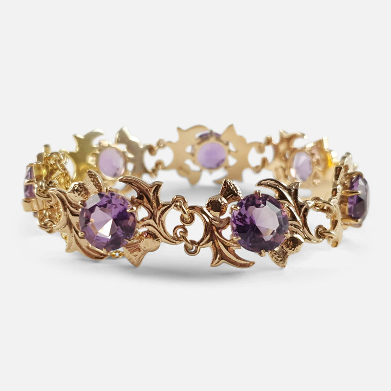 9ct Yellow Gold & Faceted Amethyst Thistle Shaped Link Bracelet - Argentum Antiques & Collectables