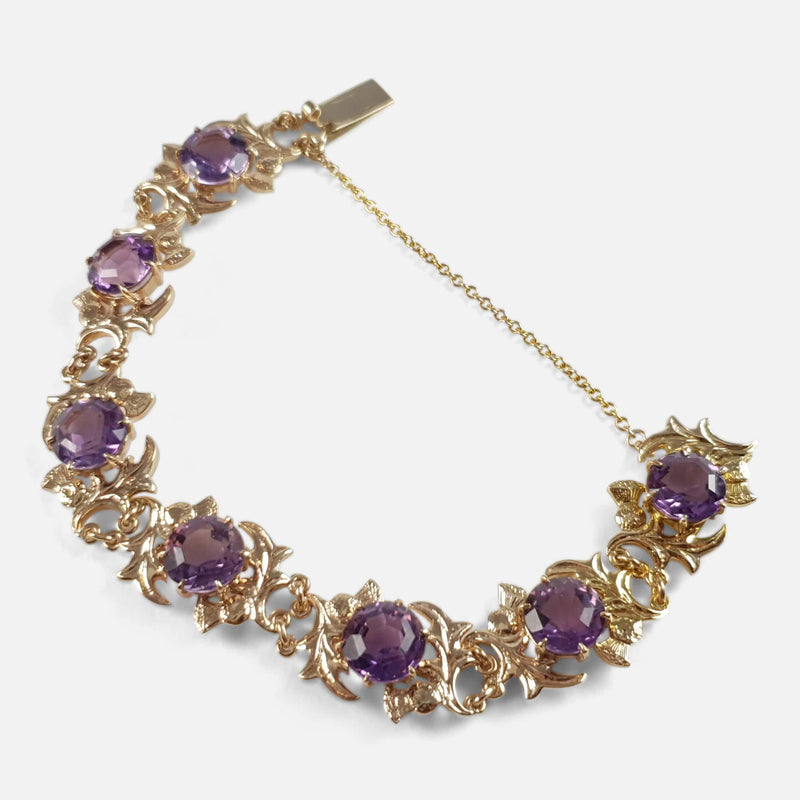 9ct Yellow Gold & Faceted Amethyst Thistle Shaped Link Bracelet - Argentum Antiques & Collectables