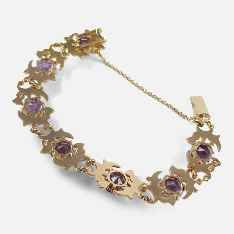 9ct Yellow Gold & Faceted Amethyst Thistle Shaped Link Bracelet - Argentum Antiques & Collectables