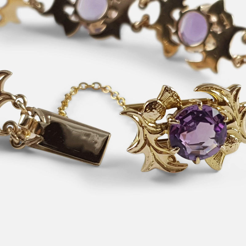 9ct Yellow Gold & Faceted Amethyst Thistle Shaped Link Bracelet - Argentum Antiques & Collectables