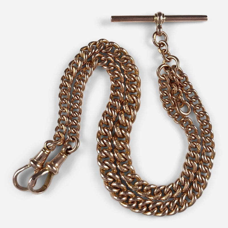 the 9ct rose gold double albert watch chain viewed from above