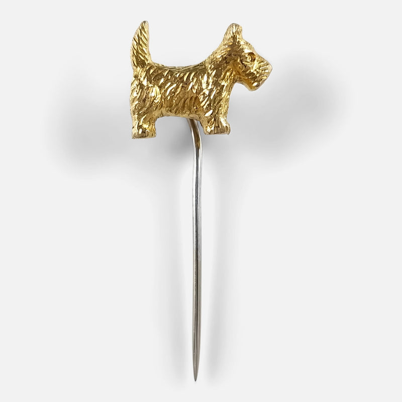 the 9ct yellow gold Terrier stick pin viewed from above