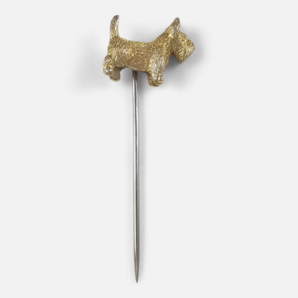 the 9ct yellow gold Terrier stick pin viewed from the front