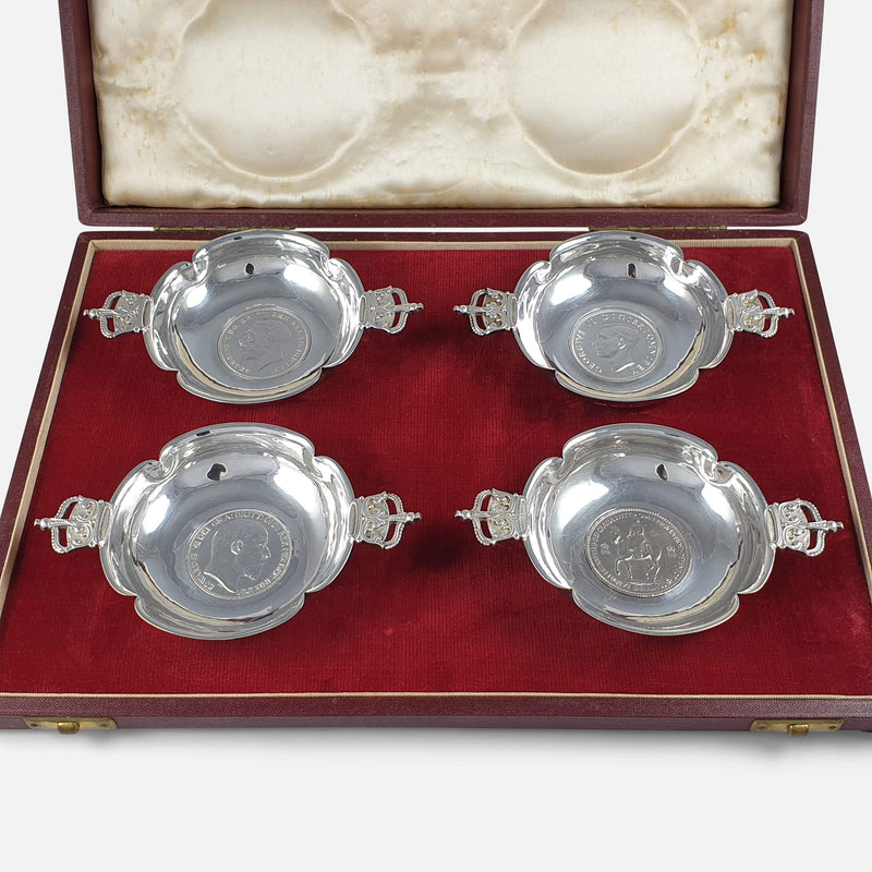 Cased set of 4 silver royal coronation dishes, R.E. Stone, viewed in the case
