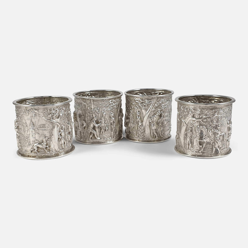 A Cased Set of 4 Victorian Silver Country Pursuits Napkin Rings 1898 - Argentum Antiques & Collectables