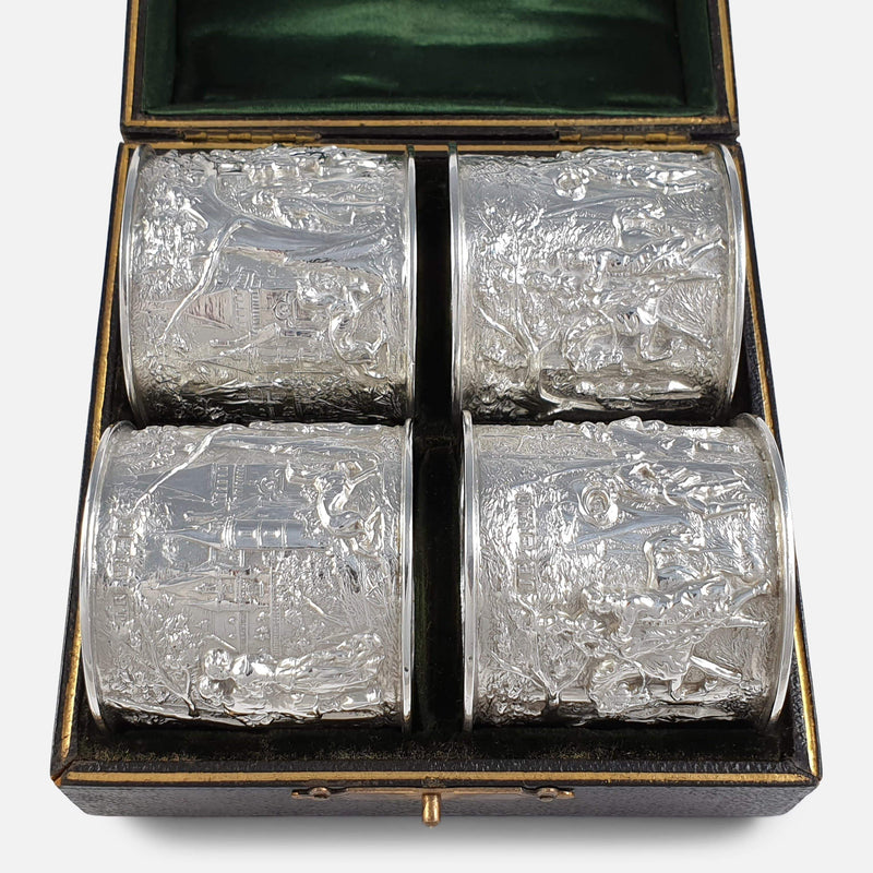 A Cased Set of 4 Victorian Silver Country Pursuits Napkin Rings 1898 - Argentum Antiques & Collectables