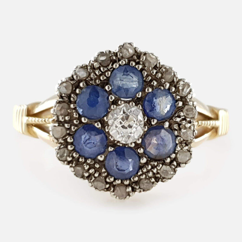 the 18ct gold diamond and sapphire cluster ring viewed from the front