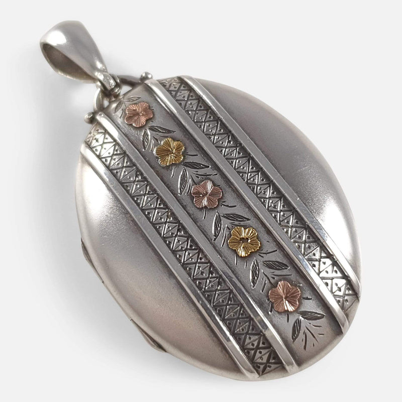 the Victorian sterling silver locket viewed diagonally