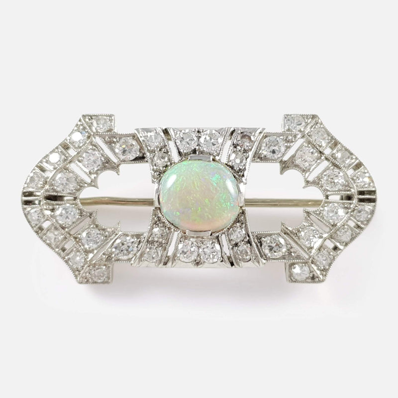 Art Deco Opal and Diamond Platinum Brooch - Argentum Antiques & Collectables