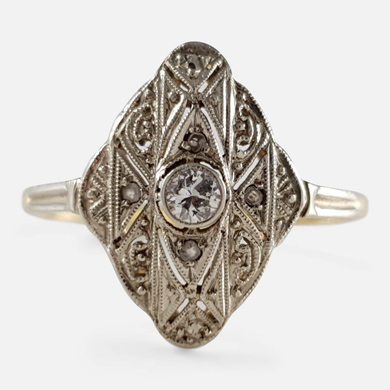 Art Deco 14ct Gold Diamond Navette Marquise Ring - Argentum Antiques & Collectables