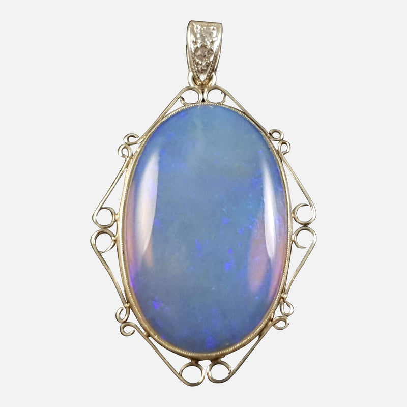 Art Deco 14ct Gold Opal & Diamond Pendant - Argentum Antiques & Collectables