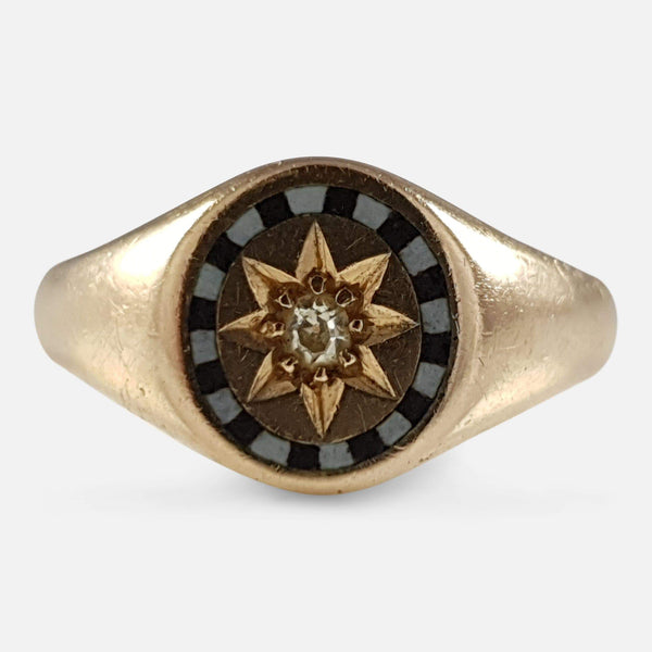 the Art Deco 18ct gold diamond & enamel signet ring viewed from the front