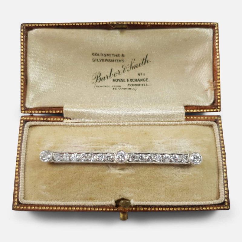 the cased Art Deco diamond bar brooch viewed in its case