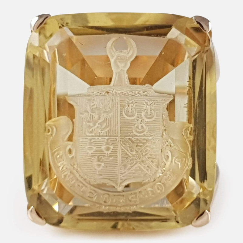 Art Deco 18ct Gold Citrine Intaglio Signet Seal Ring - Argentum Antiques & Collectables