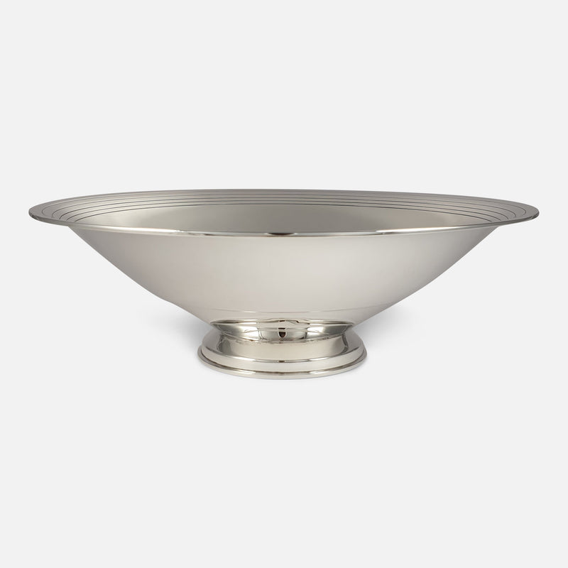 Silver fruit bowl viewed from the front