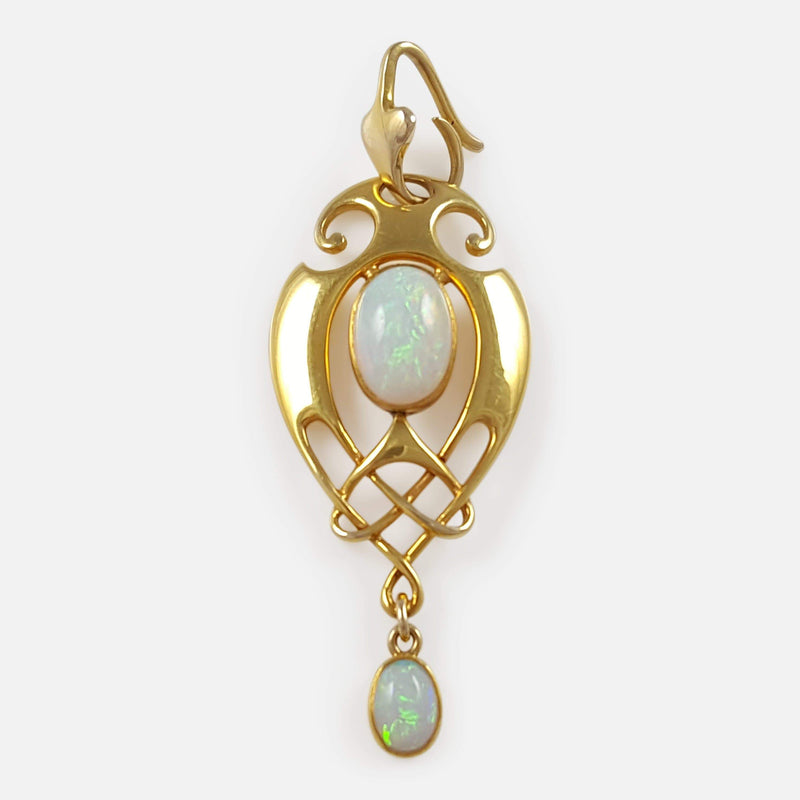 the Art Nouveau 15ct Gold and Opal Pendant by Murrle Bennett & Co, viewed from the front