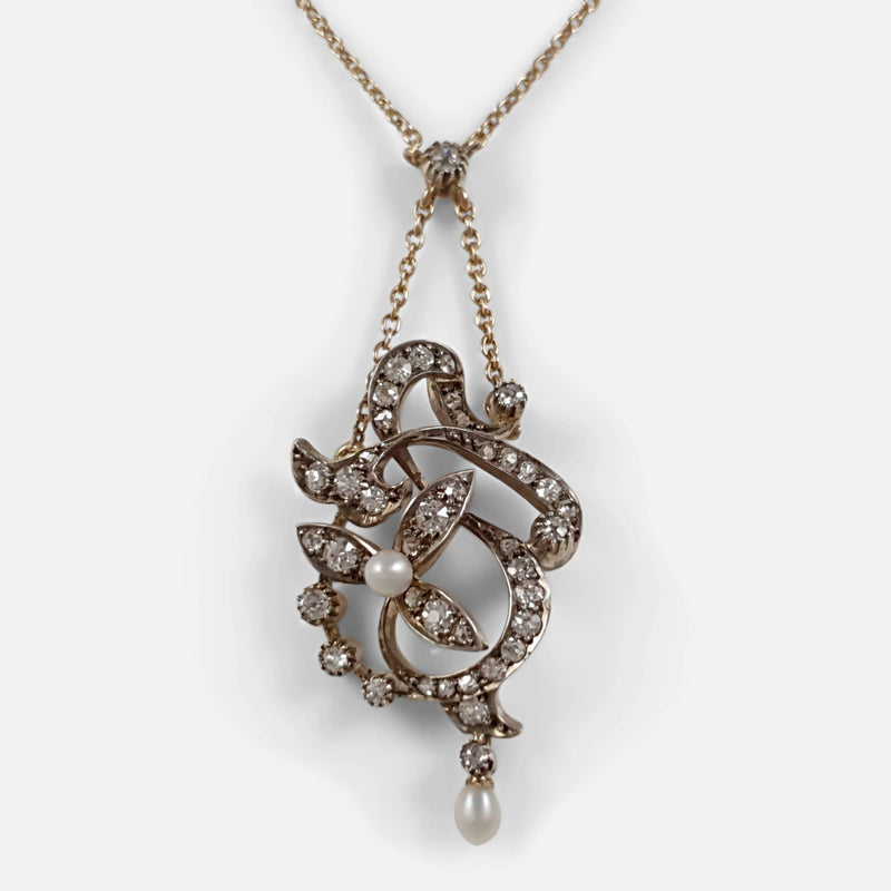 Art Nouveau diamond and pearl pendant necklace viewed from the front