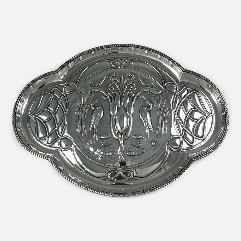 the Art Nouveau sterling silver dressing table tray viewed from above