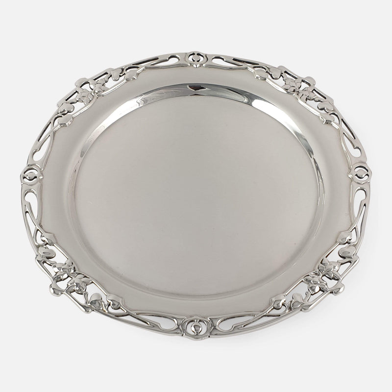 The Art Nouveau sterling silver salver viewed from above