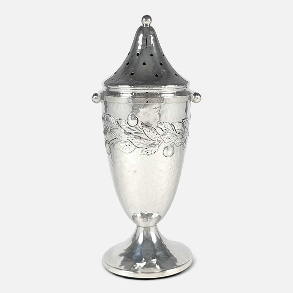 The Albert Edward Bonner Arts and Crafts sterling silver sugar caster viewed with its lid on