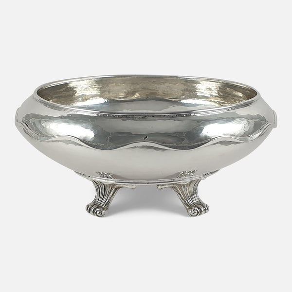 the Omar Ramsden Arts and Crafts sterling silver bowl viewed from the front